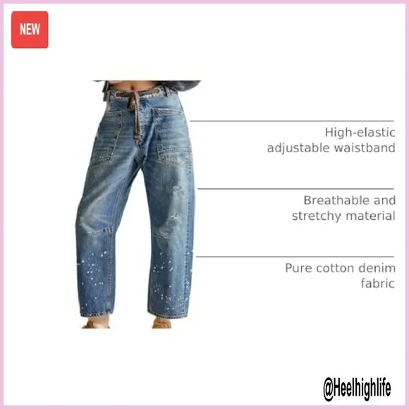 Pull-On Barrel Jeans Boyfriend Fit Elastic Waist Stretchy Denim Pants